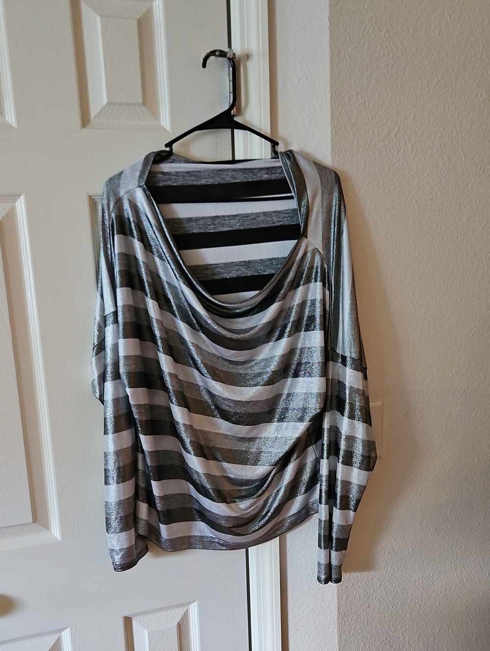 Striped Draped Neck Women's Blouse - Gray & White Sparkle